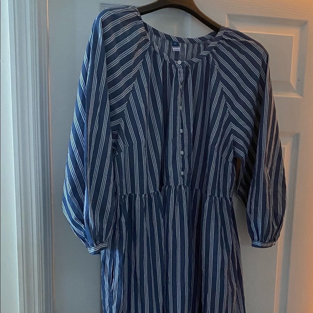 Blue and white striped peasant style dress.